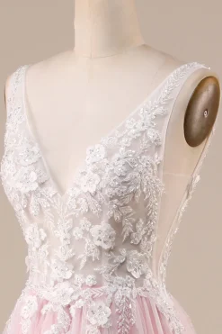 Rosa A-Line Tule Vestido de Noiva Com Apliques