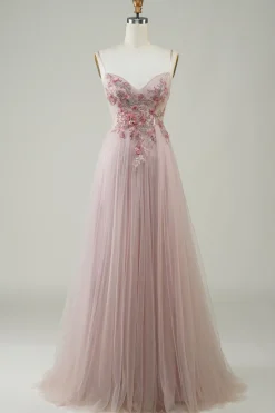 Rosa A-Line Vestido de Festa com Flores
