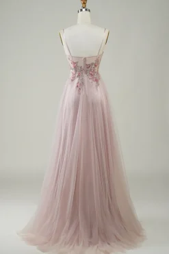 Rosa A-Line Vestido de Festa com Flores