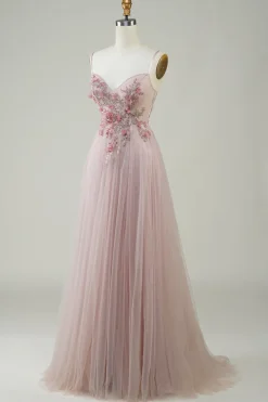 Rosa A-Line Vestido de Festa com Flores