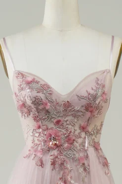 Rosa A-Line Vestido de Festa com Flores