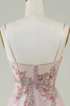 Rosa A-Line Vestido de Festa com Flores
