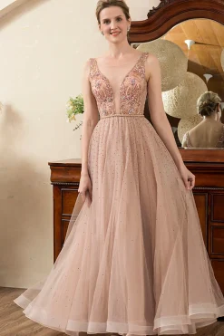 Rosa A-Line Vestido de Noite