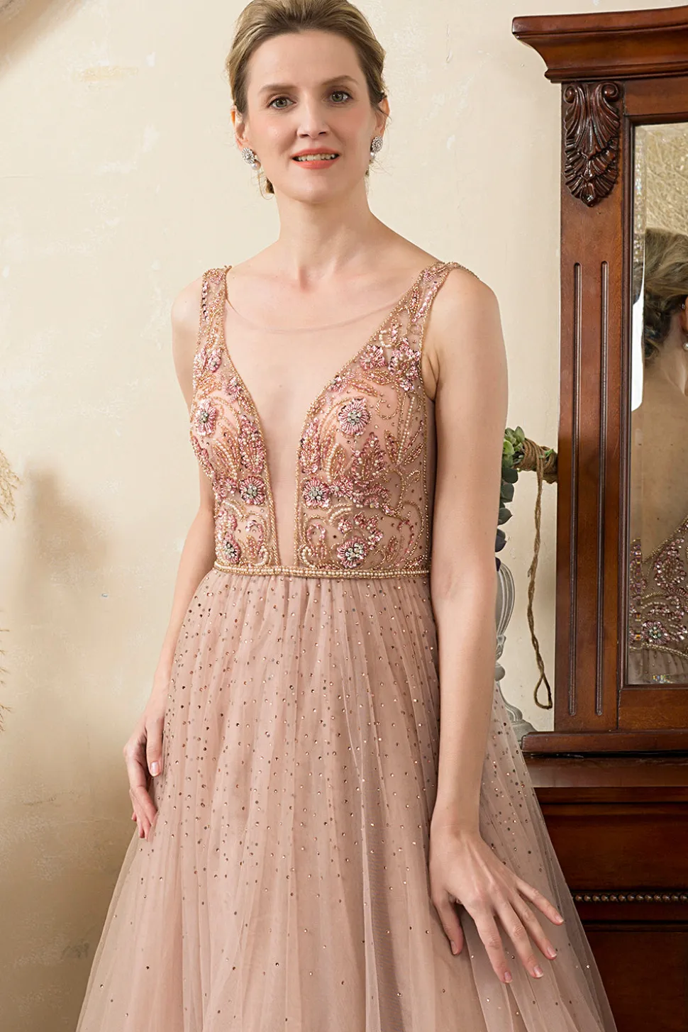 Rosa A-Line Vestido de Noite