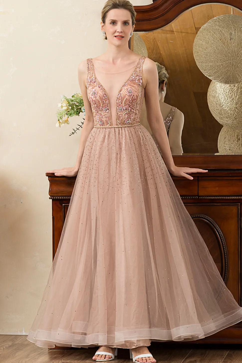 Rosa A-Line Vestido de Noite
