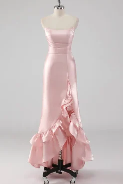 Rosa babado bainha sem alças cetim longo vestido formal com fenda