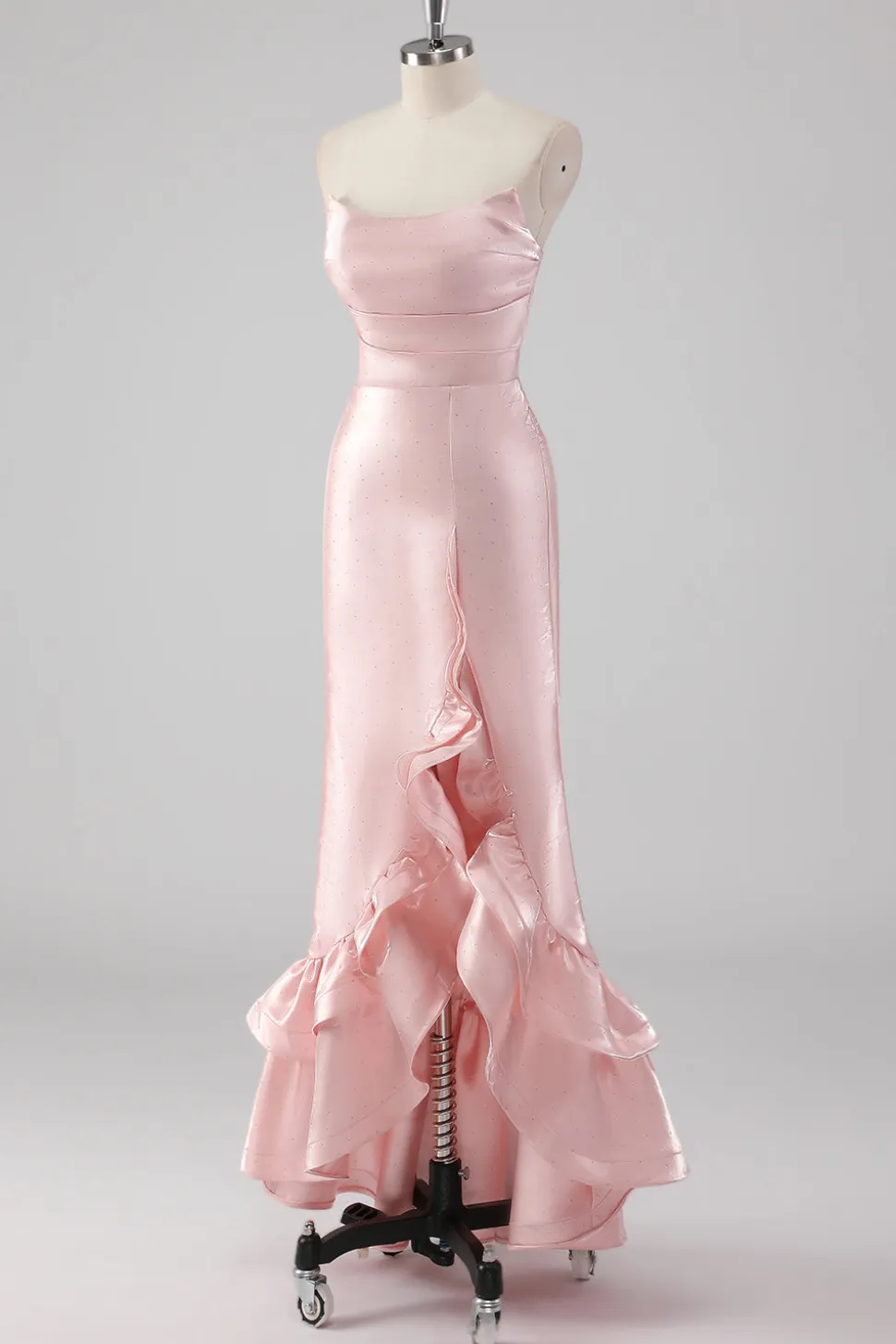 Rosa babado bainha sem alças cetim longo vestido formal com fenda