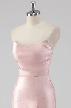 Rosa babado bainha sem alças cetim longo vestido formal com fenda