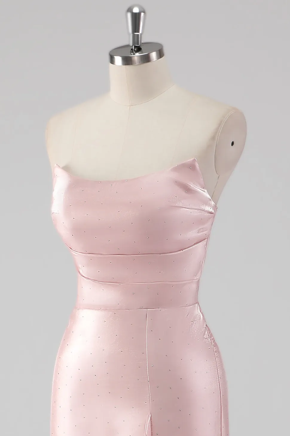 Rosa babado bainha sem alças cetim longo vestido formal com fenda