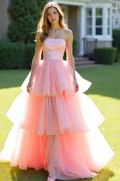 Rosa Ball Gown Strapless Ruffles Tulle Long Prom Dress