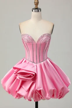 Rosa Bodycon Querida Cetim Corset Homecoming Dress com strass
