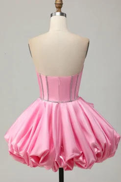 Rosa Bodycon Querida Cetim Corset Homecoming Dress com strass