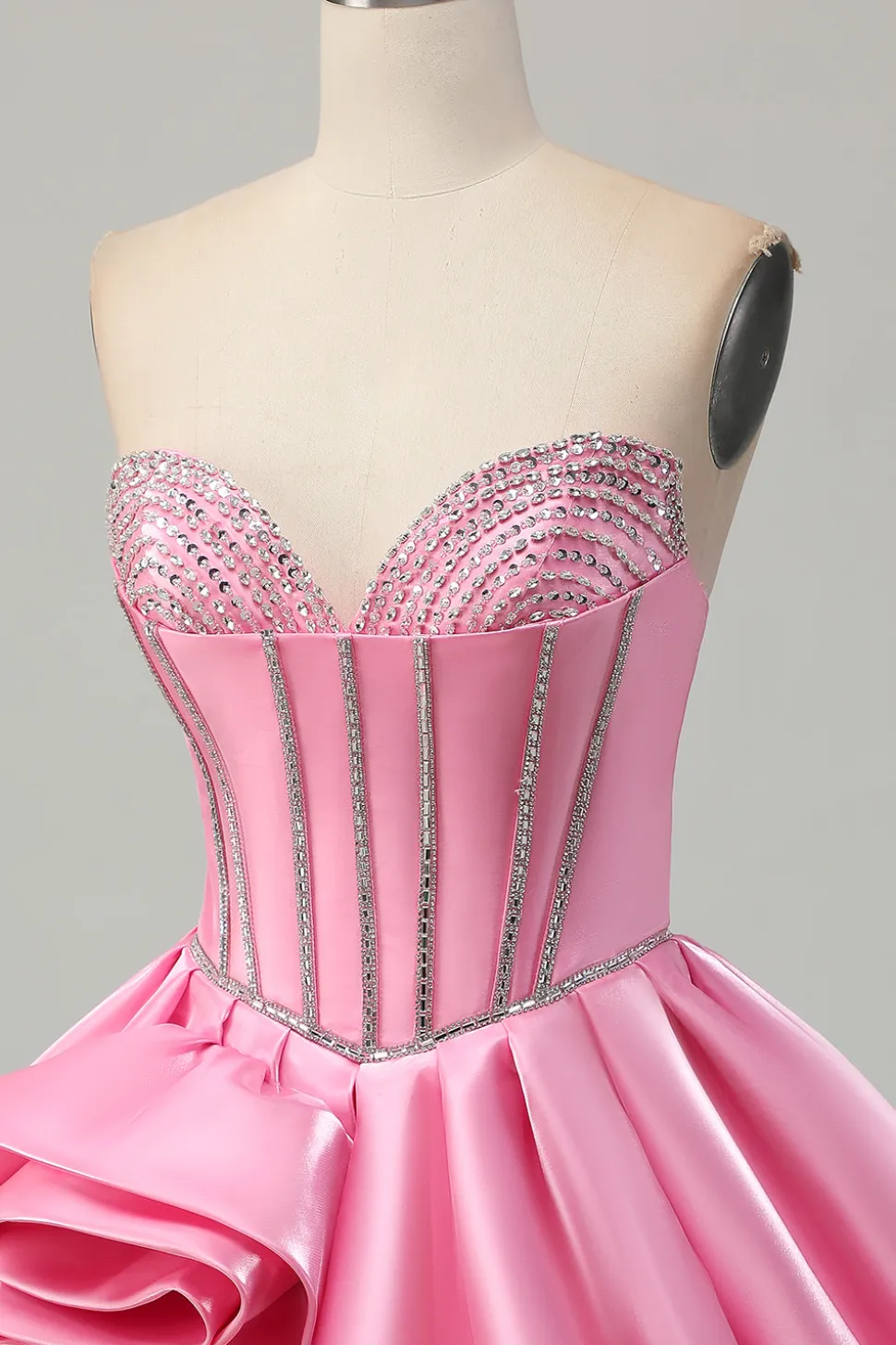 Rosa Bodycon Querida Cetim Corset Homecoming Dress com strass