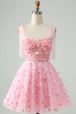 Rosa bonito Uma linha de alças espaguete curto vestido Homecoming com flores 3D