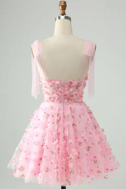 Rosa bonito Uma linha de alças espaguete curto vestido Homecoming com flores 3D