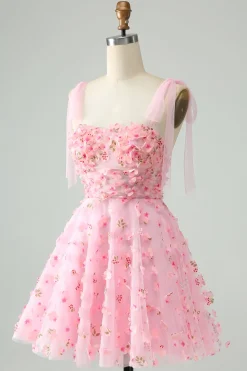 Rosa bonito Uma linha de alças espaguete curto vestido Homecoming com flores 3D