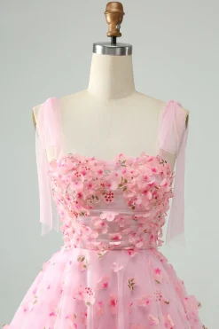 Rosa bonito Uma linha de alças espaguete curto vestido Homecoming com flores 3D