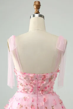Rosa bonito Uma linha de alças espaguete curto vestido Homecoming com flores 3D
