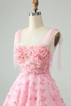 Rosa bonito Uma linha de alças espaguete curto vestido Homecoming com flores 3D