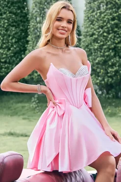 Rosa bonito uma linha sem alças espartilho frisado babado Homecoming Dress com laços