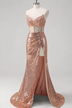 Rosa brilhante sereia dourada espartilho longo vestido de baile com lantejoulas