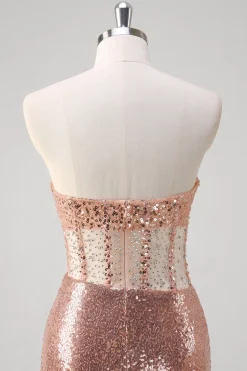 Rosa brilhante sereia dourada espartilho longo vestido de baile com lantejoulas
