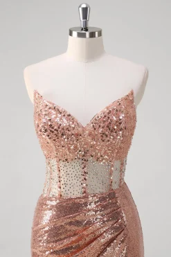 Rosa brilhante sereia dourada espartilho longo vestido de baile com lantejoulas
