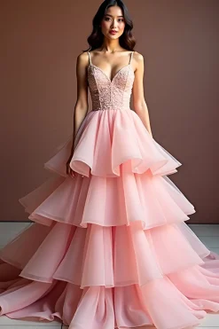 Rosa Brilhante Uma Linha Esparguete Correias Corset Long Ruffles Prom Dress With Sequins
