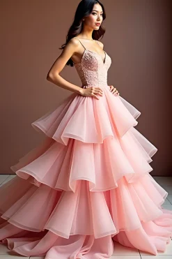 Rosa Brilhante Uma Linha Esparguete Correias Corset Long Ruffles Prom Dress With Sequins