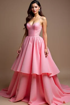 Rosa Brilhante Uma Linha Esparguete Correias Sequined Corset Long Prom Dress With Ruffles