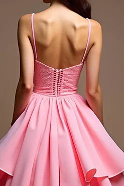 Rosa Brilhante Uma Linha Esparguete Correias Sequined Corset Long Prom Dress With Ruffles