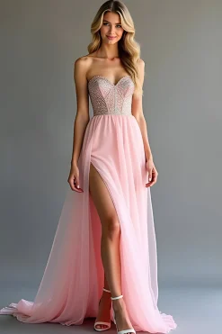 Rosa brilhante uma linha querida espartilho espartilho longo vestido de baile com fenda