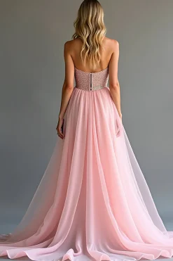 Rosa brilhante uma linha querida espartilho espartilho longo vestido de baile com fenda