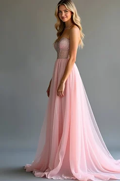 Rosa brilhante uma linha querida espartilho espartilho longo vestido de baile com fenda