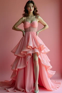 Rosa brilhante Uma linha de alças espaguete babado longo vestido de baile com lantejoulas