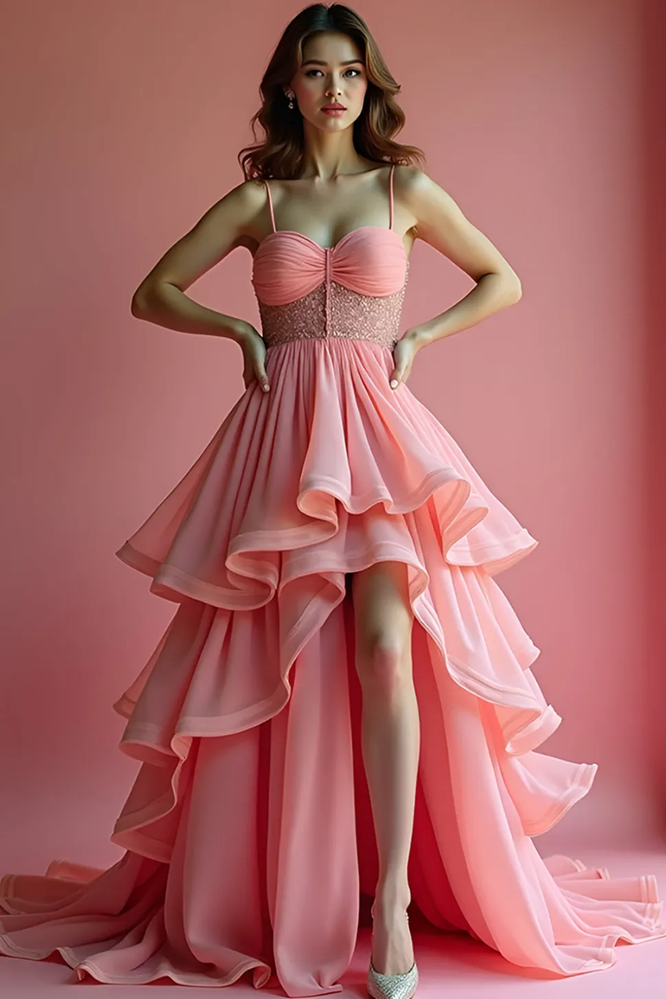 Rosa brilhante Uma linha de alças espaguete babado longo vestido de baile com lantejoulas
