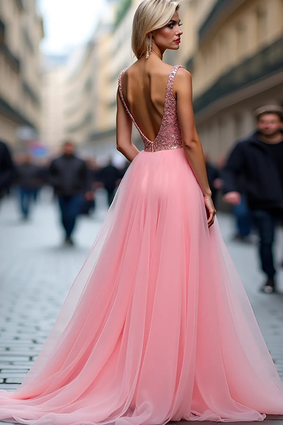 Rosa brilhante uma linha de tule vestido de baile com fenda