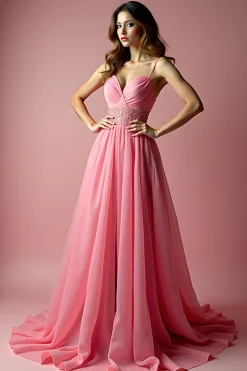 Rosa Brilhante Uma Linha Esparguete Correias Sequined Long Prom Dress