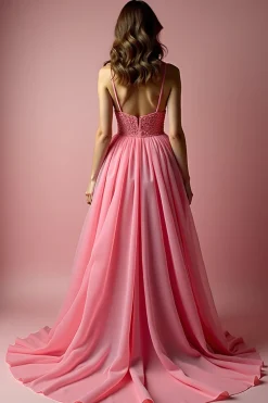 Rosa Brilhante Uma Linha Esparguete Correias Sequined Long Prom Dress