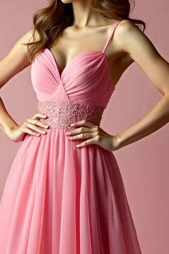 Rosa Brilhante Uma Linha Esparguete Correias Sequined Long Prom Dress