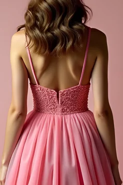 Rosa Brilhante Uma Linha Esparguete Correias Sequined Long Prom Dress