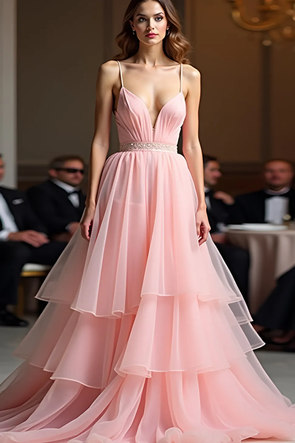 Rosa brilhante Uma linha espaguete correias lantejoulas longo vestido de baile com babados