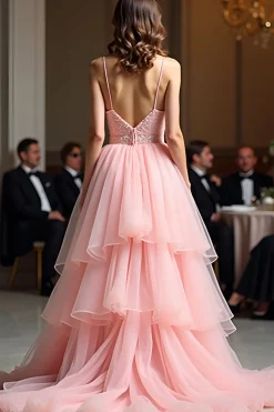 Rosa brilhante Uma linha espaguete correias lantejoulas longo vestido de baile com babados