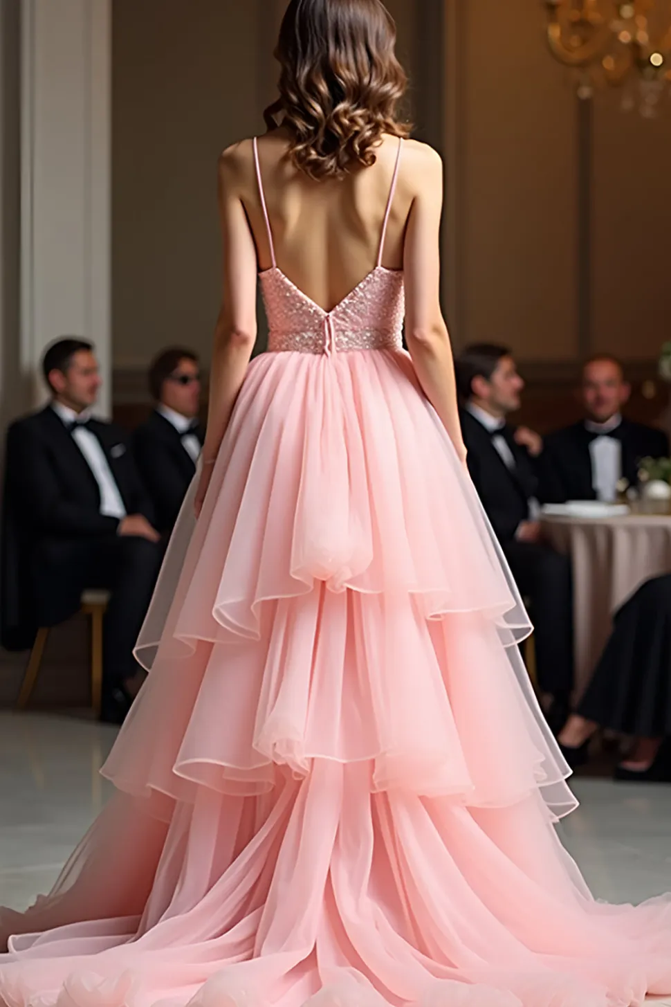 Rosa brilhante Uma linha espaguete correias lantejoulas longo vestido de baile com babados
