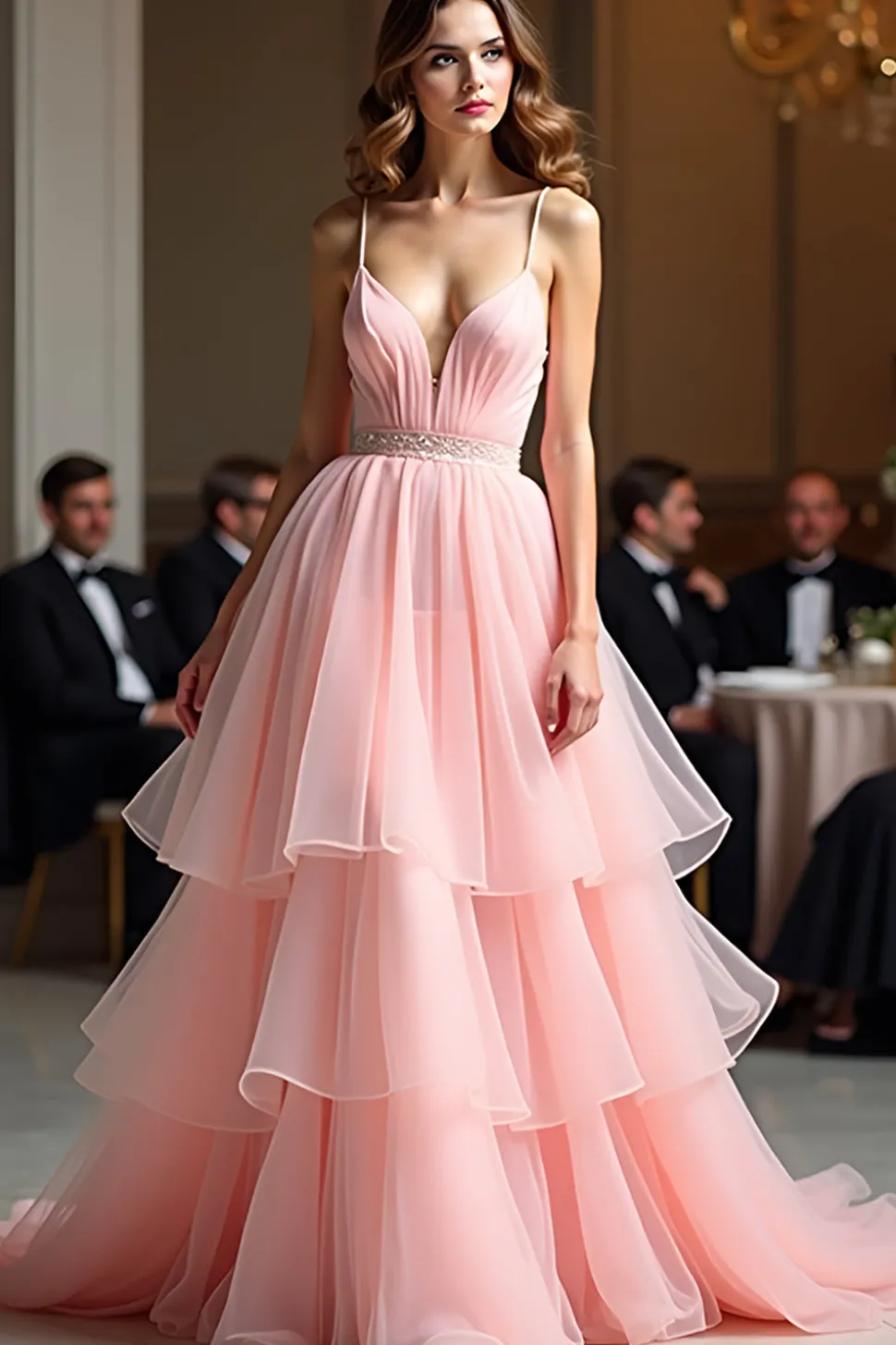 Rosa brilhante Uma linha espaguete correias lantejoulas longo vestido de baile com babados