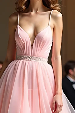 Rosa brilhante Uma linha espaguete correias lantejoulas longo vestido de baile com babados