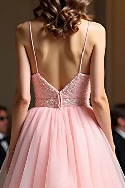 Rosa brilhante Uma linha espaguete correias lantejoulas longo vestido de baile com babados