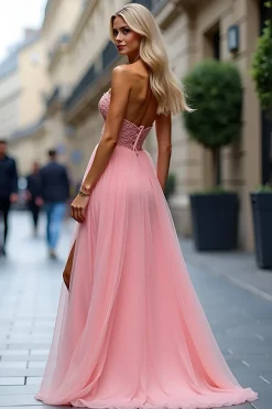 Rosa brilhante uma linha Strapless Corset Long Prom Dress With Slit