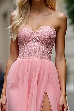 Rosa brilhante uma linha Strapless Corset Long Prom Dress With Slit