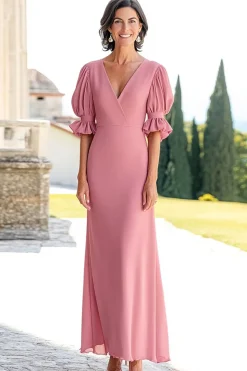 Rosa Chiffon Bainha Decote em V Longo Vestido Mae Noiva